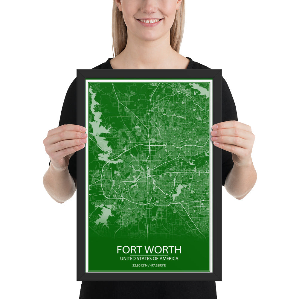 Fort Worth Green and White Framed Map