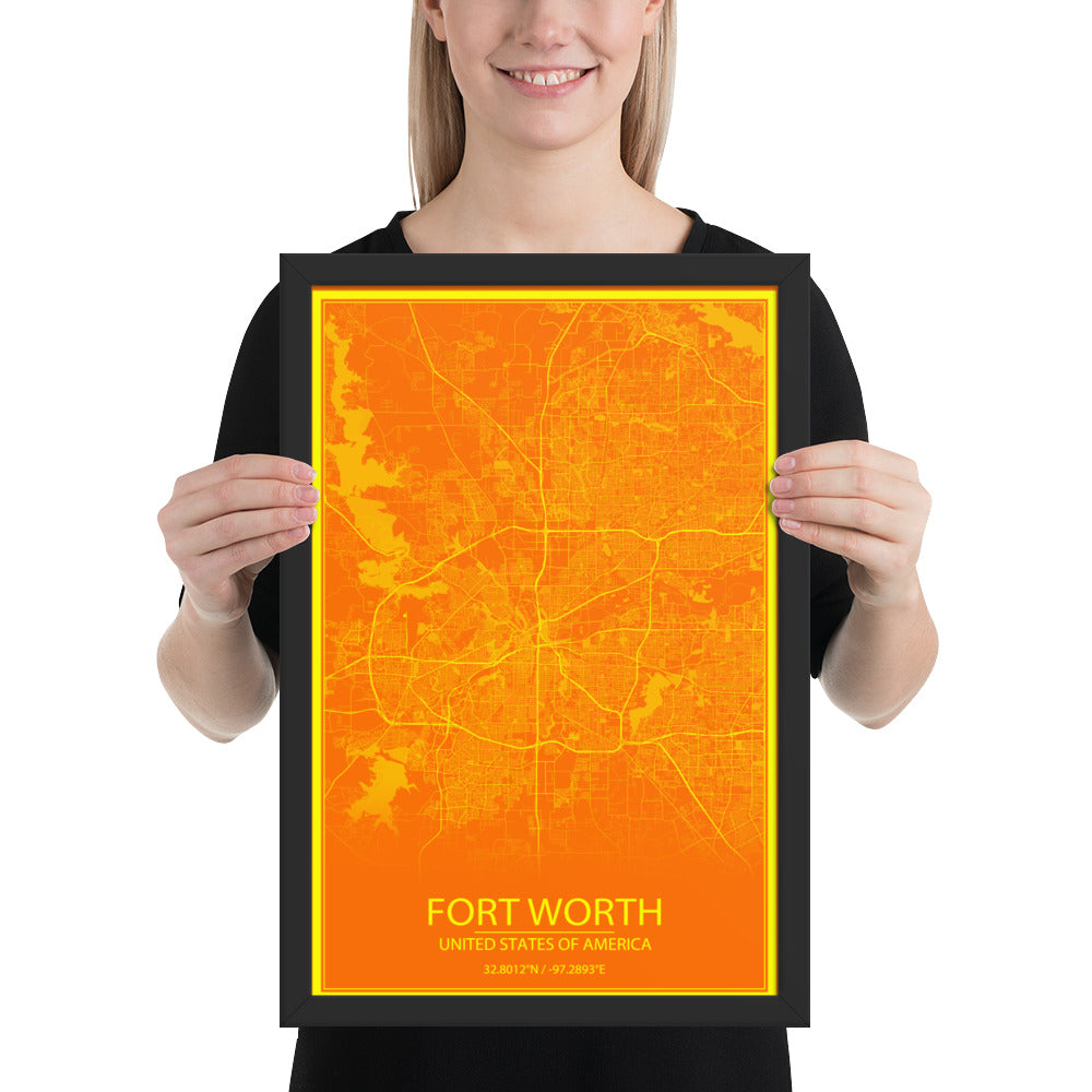 Fort Worth Orange and Yellow Framed Map