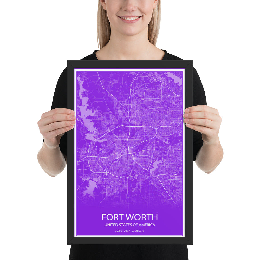 Fort Worth Purple and White Framed Map