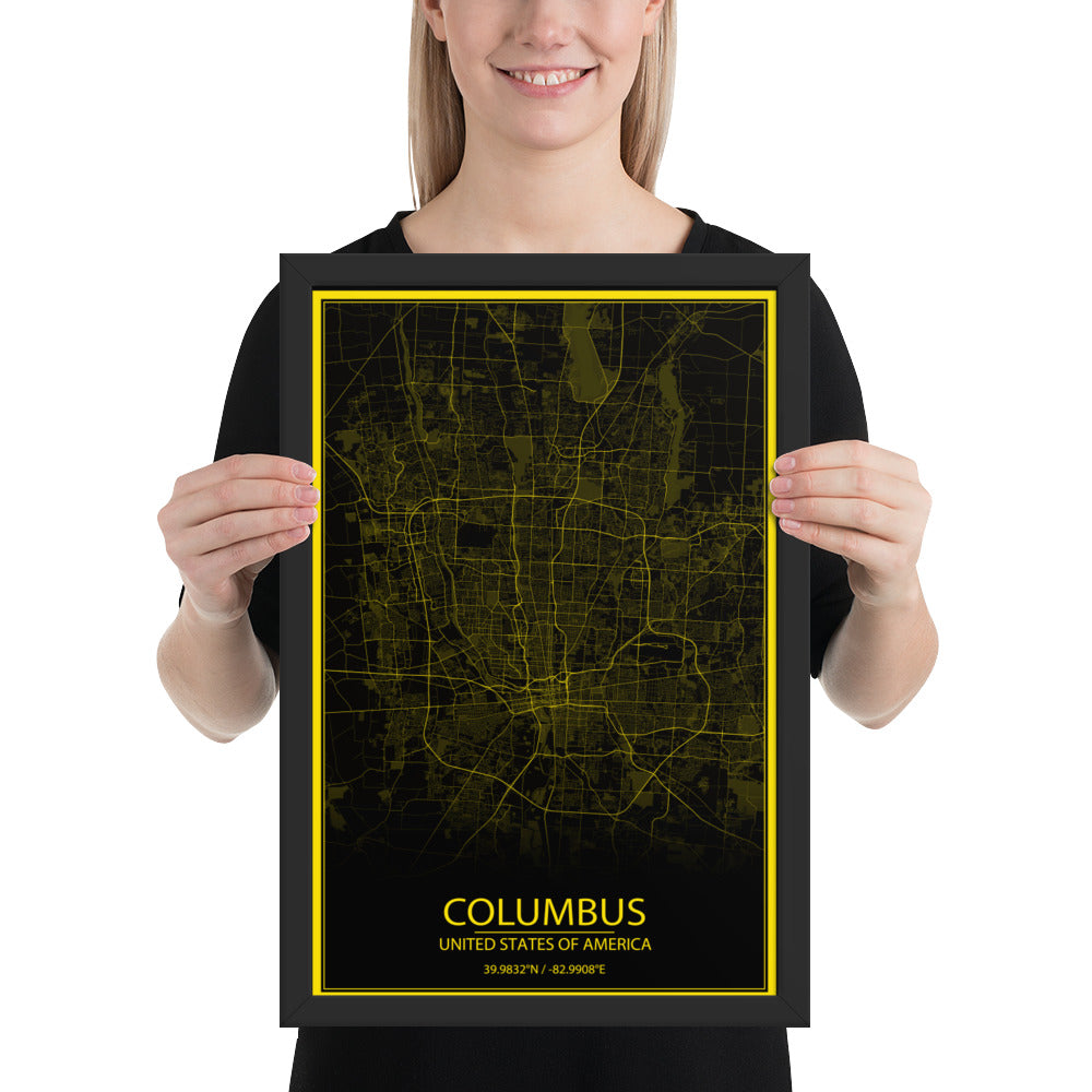 Columbus Black and Yellow Framed Map