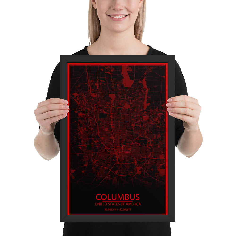 Columbus Black and Red Framed Map