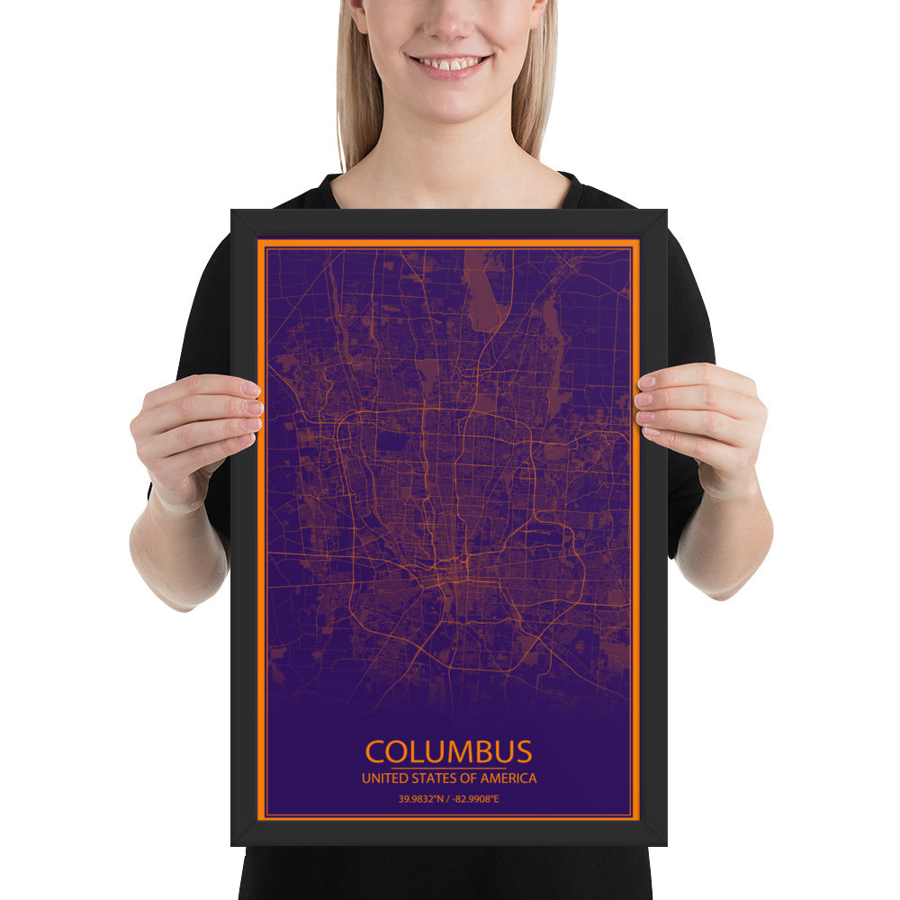 Columbus Purple and Orange Framed Map