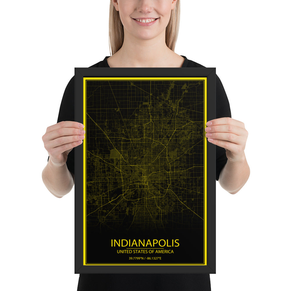 Indianapolis Black and Yellow Framed Map