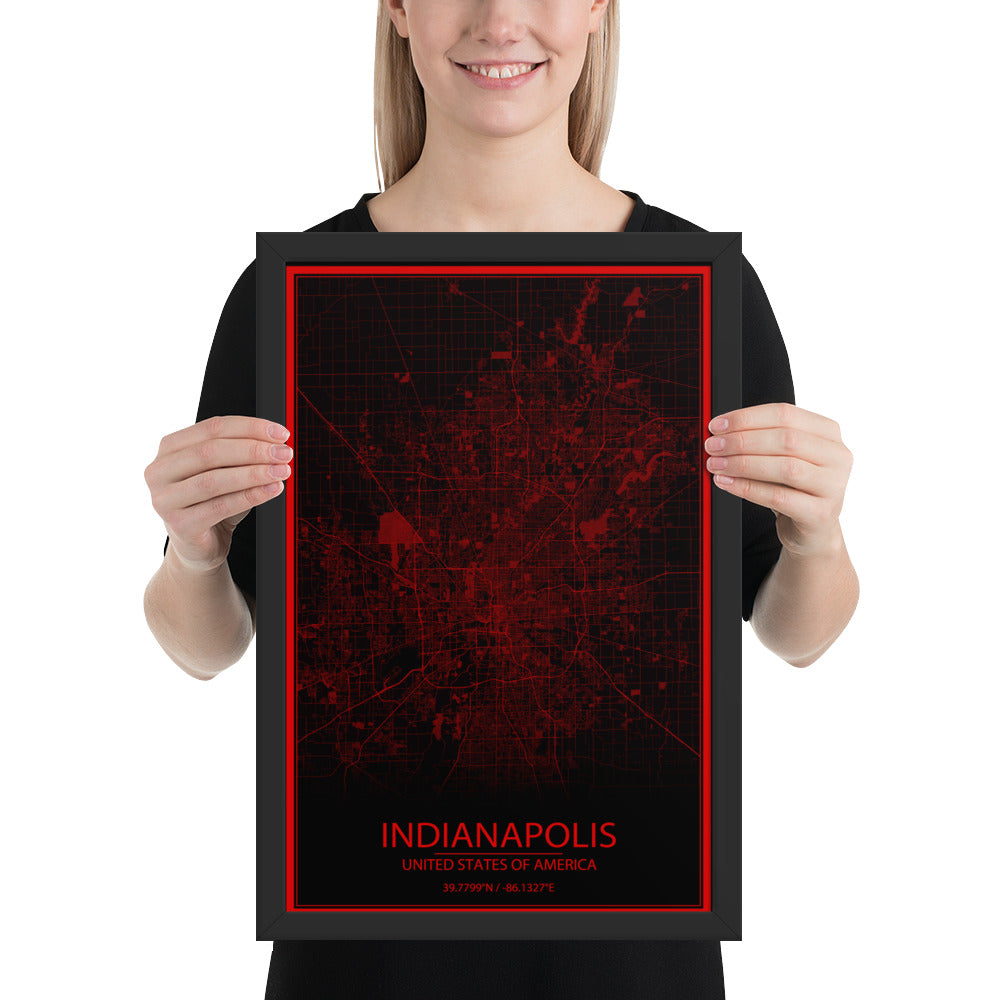 Indianapolis Black and Red Framed Map