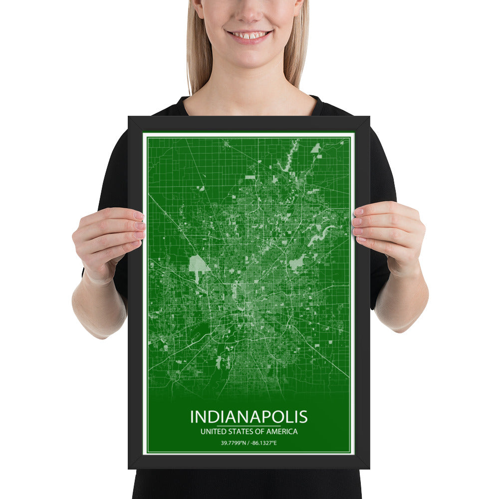 Indianapolis Green and White Framed Map