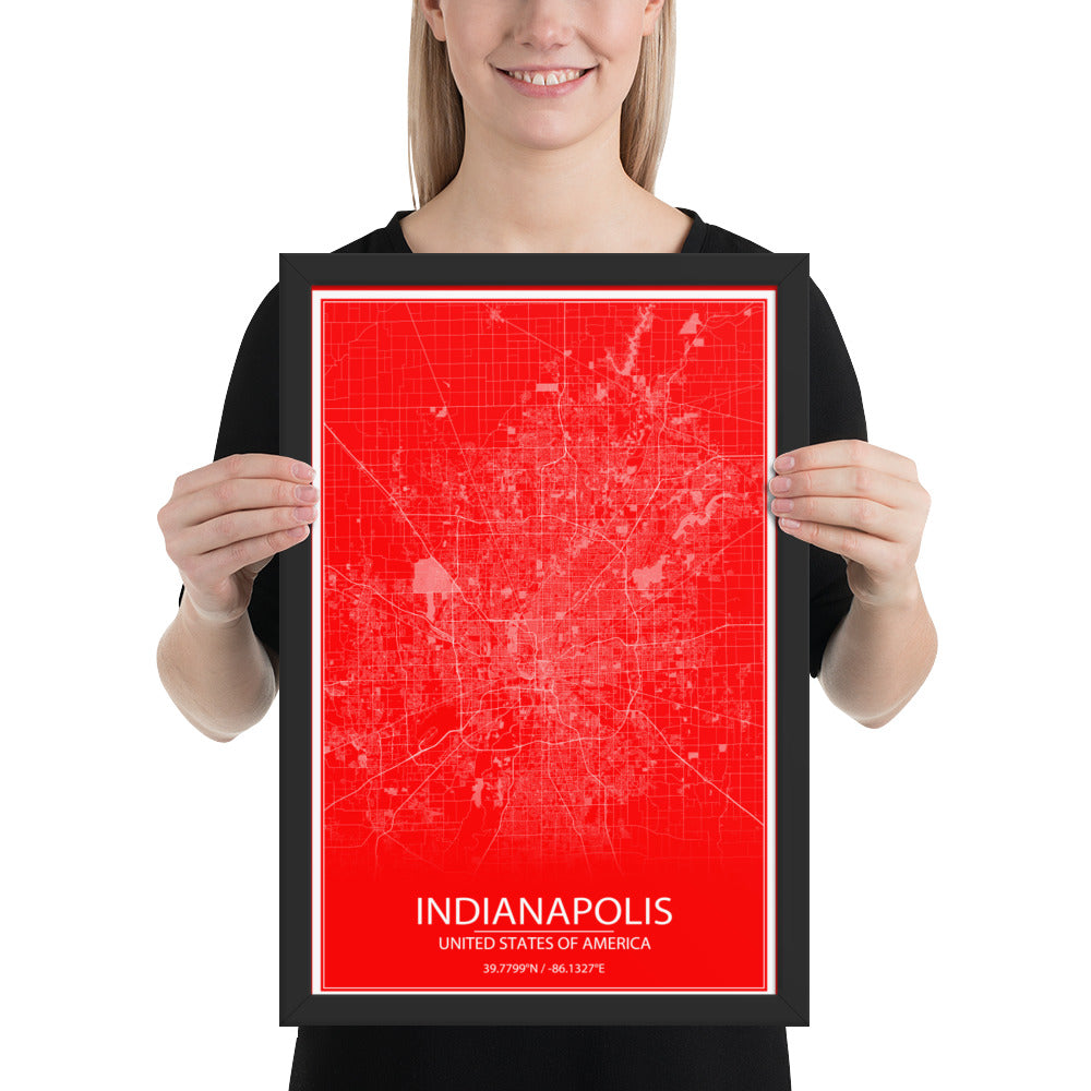 Indianapolis Red and White Framed Map