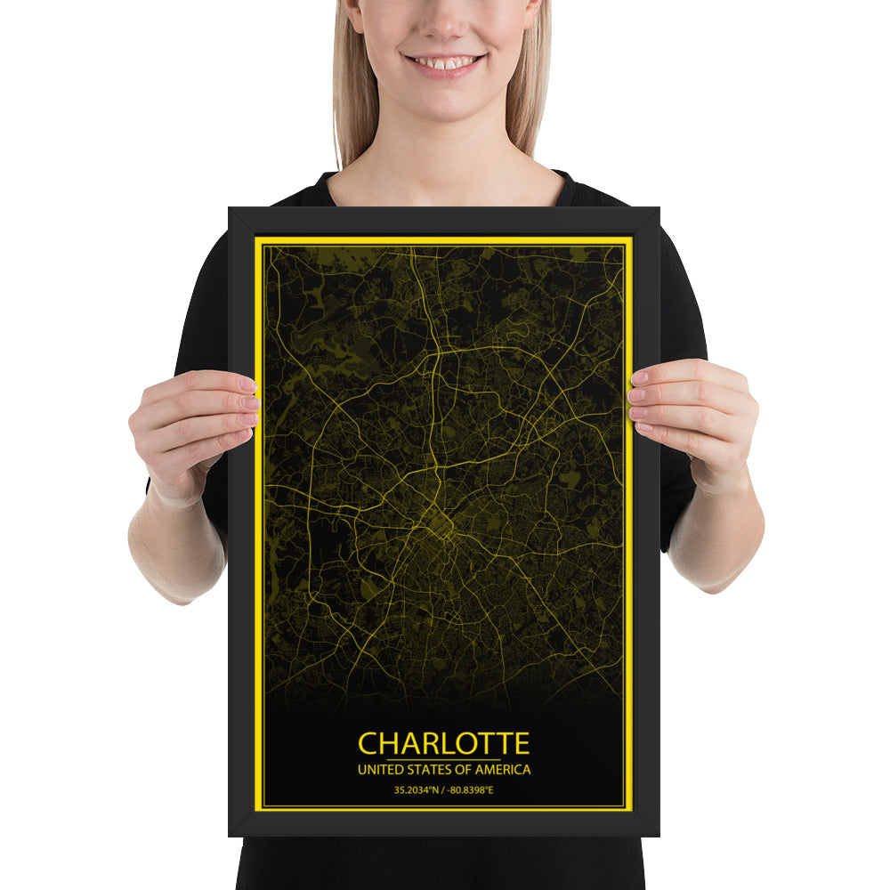 Charlotte Black and Yellow Framed Map