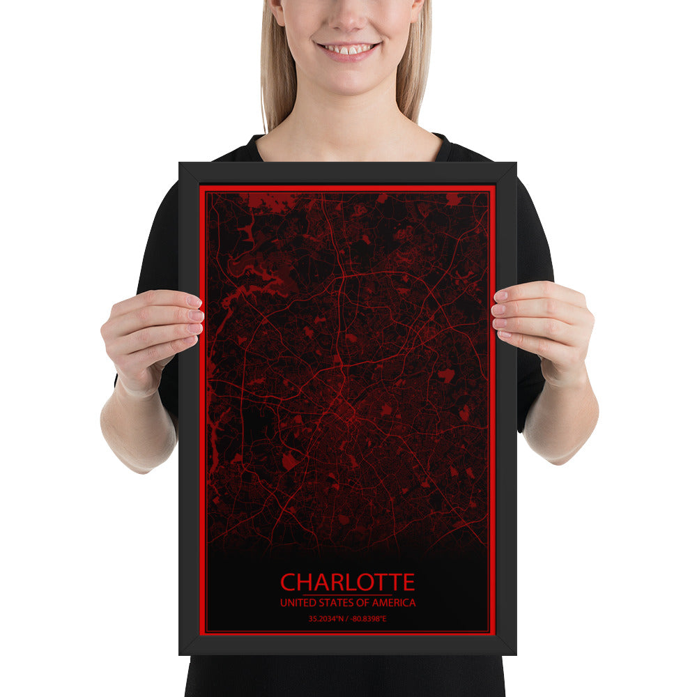 Charlotte Black and Red Framed Map