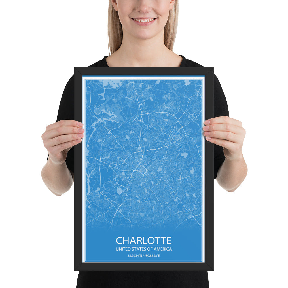 Charlotte Blue and White Framed Map