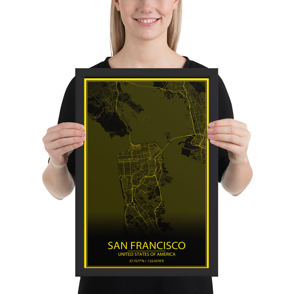 San Francisco Black and Yellow Framed Map