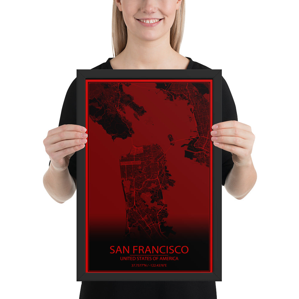 San Francisco Black and Red Framed Map