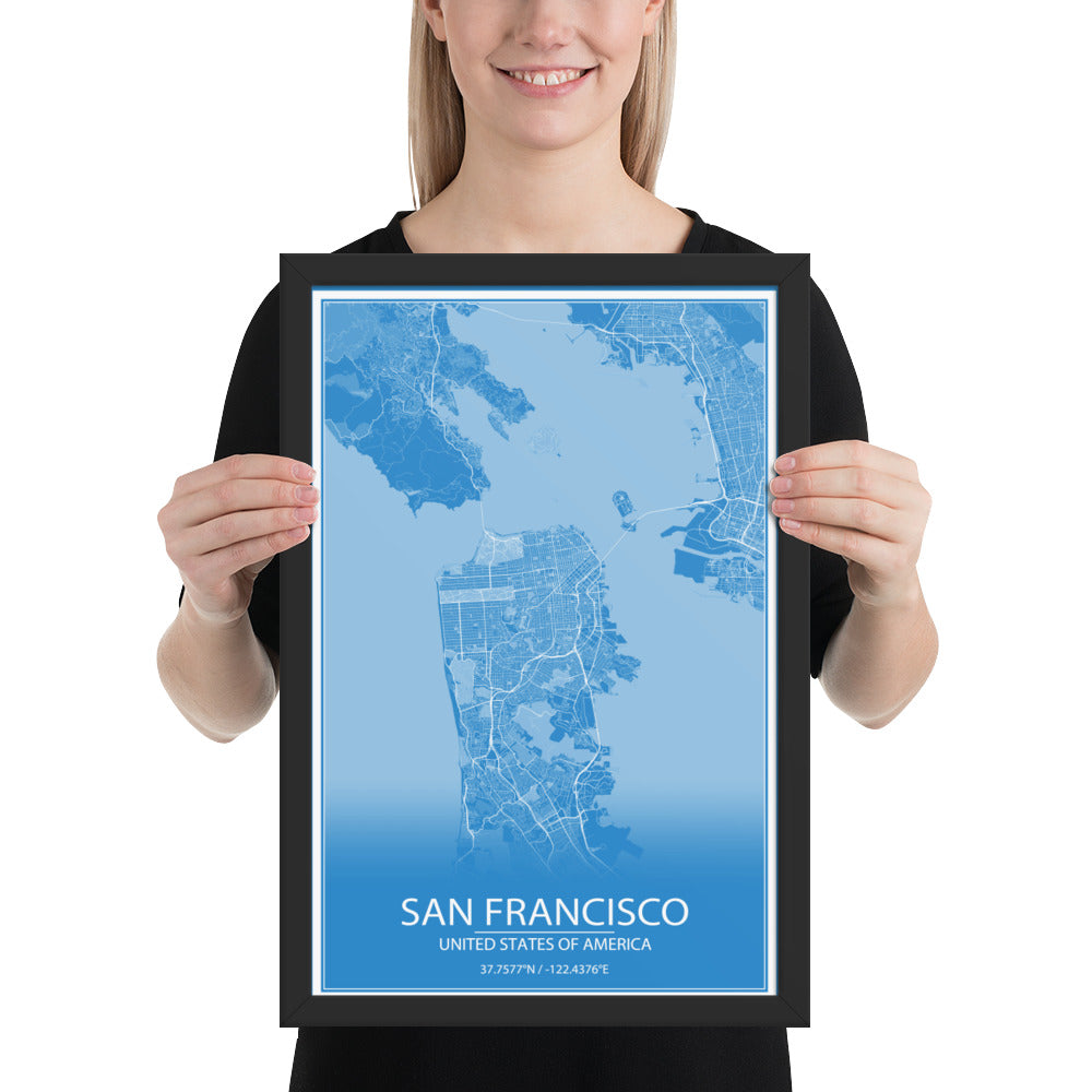 San Francisco Blue and White Framed Map