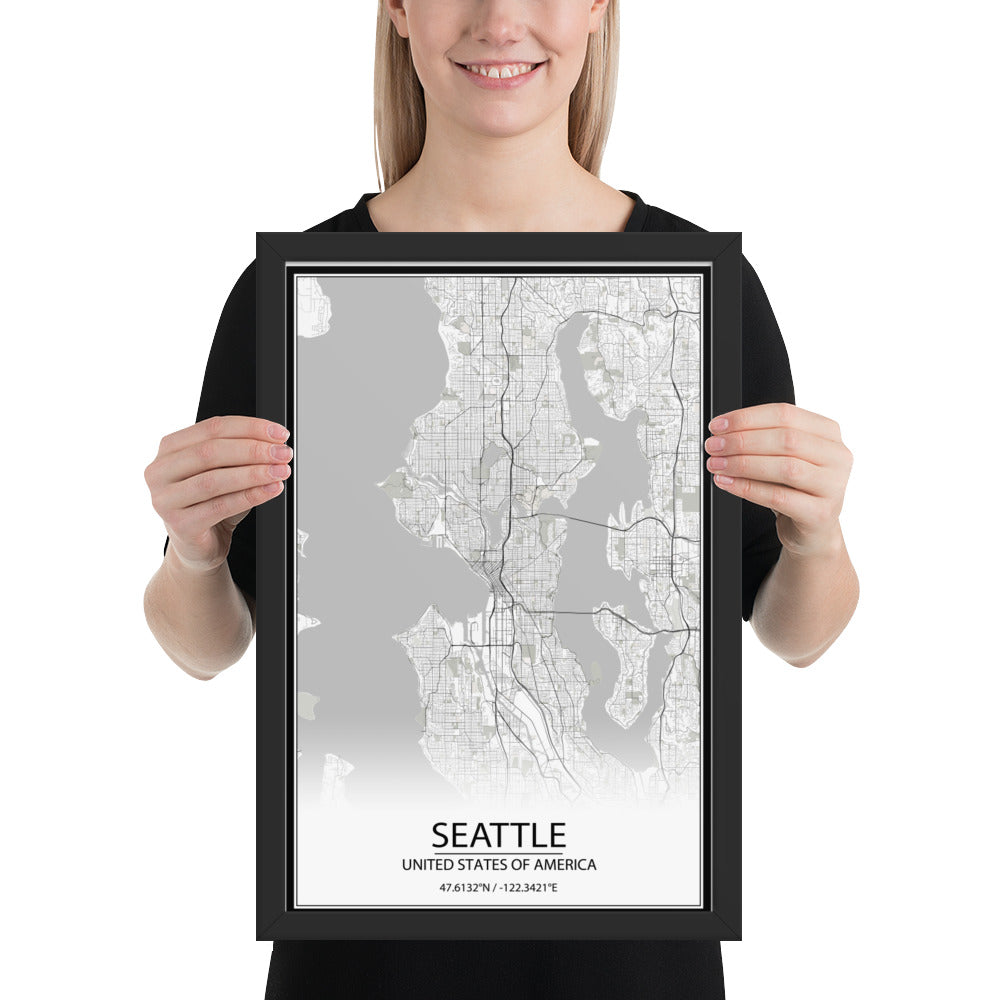 Seattle White Framed Map