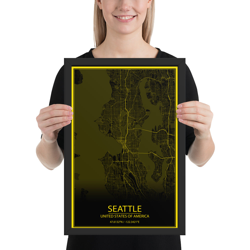 Seattle Black and Yellow Framed Map