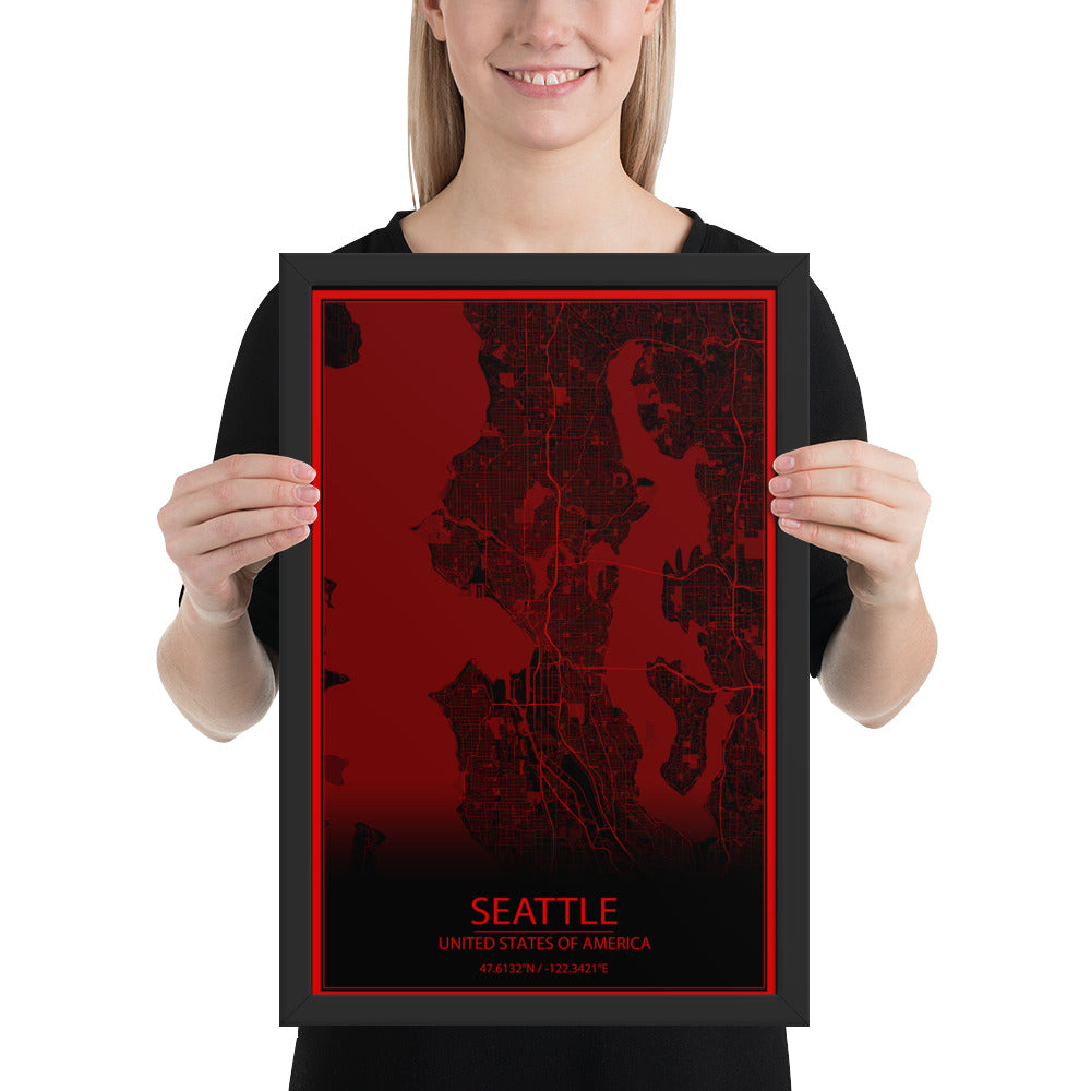 Seattle Black and Red Framed Map