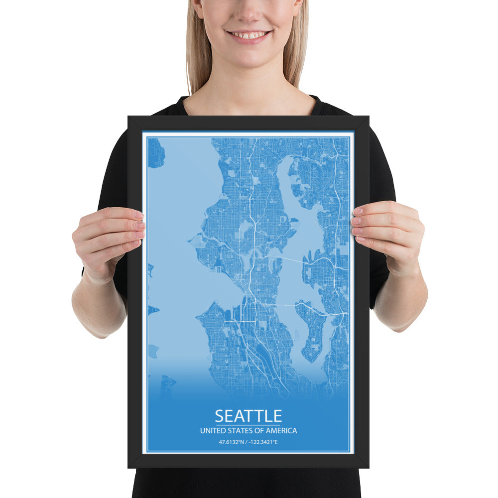 Seattle Blue and White Framed Map