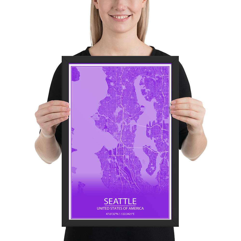 Seattle Purple and White Framed Map