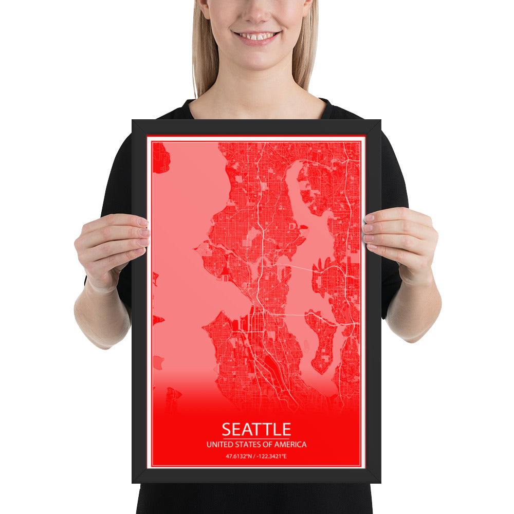 Seattle Red and White Framed Map