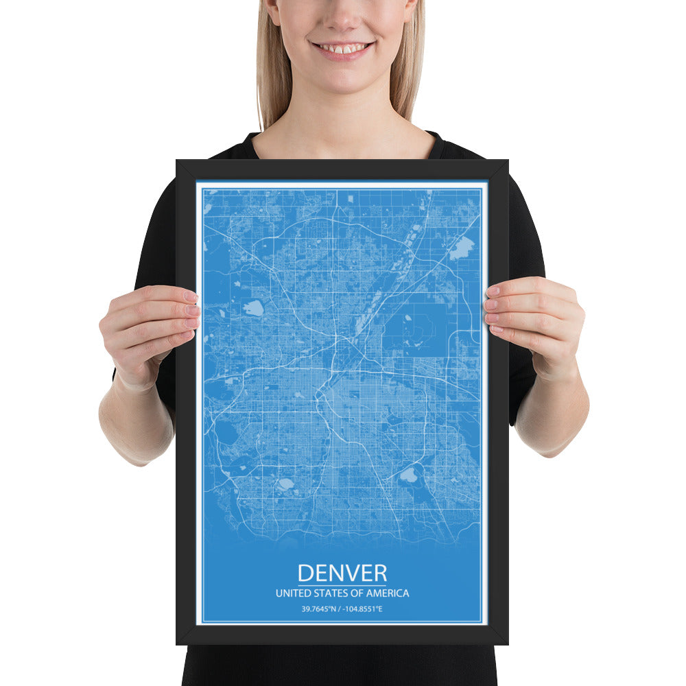 Denver Blue and White Framed Map