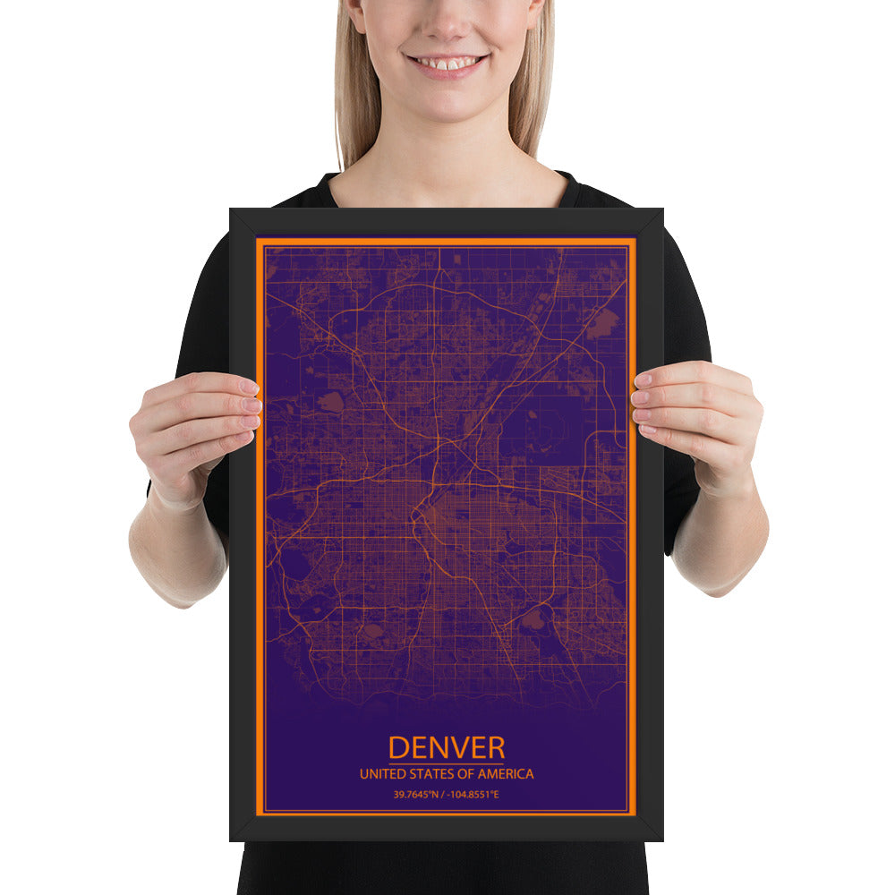 Denver Purple and Orange Framed Map