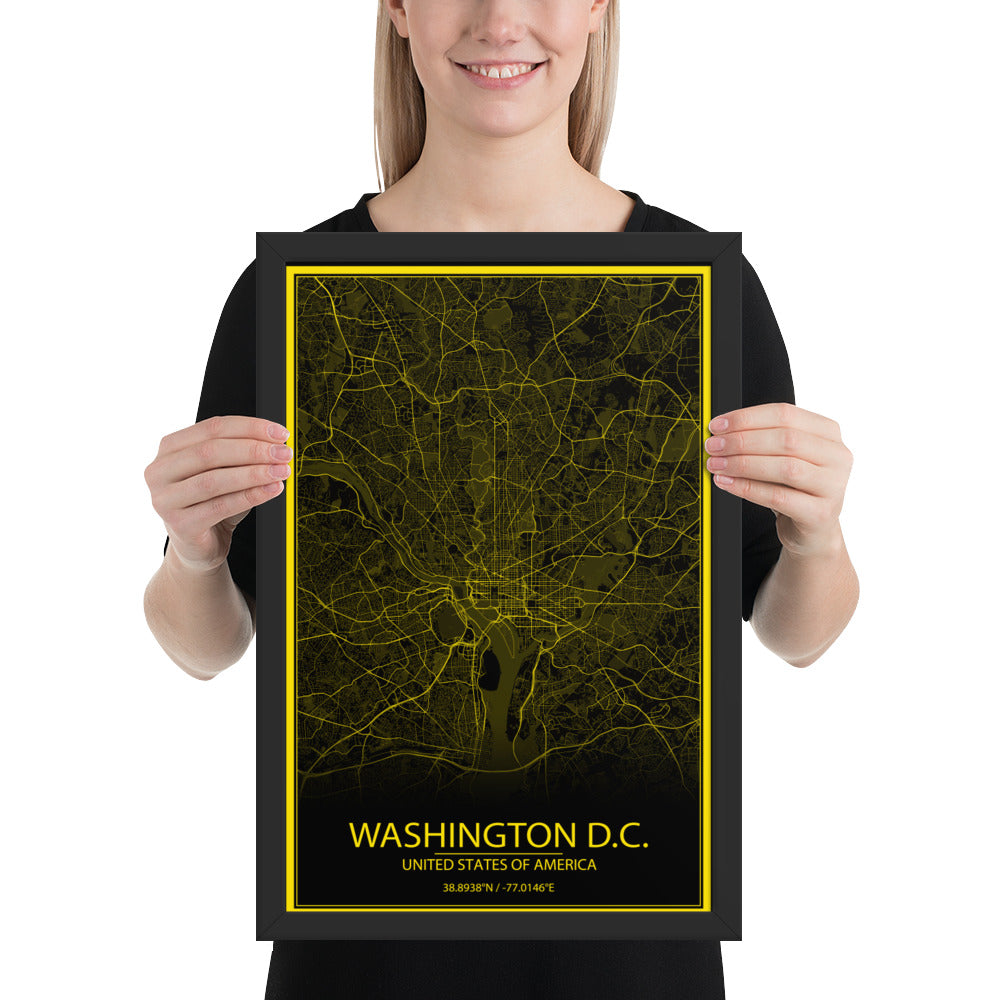 Washington, D.C. Black and Yellow Framed Map