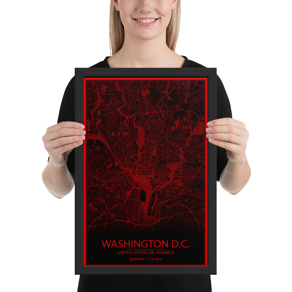 Washington, D.C. Black and Red Framed Map