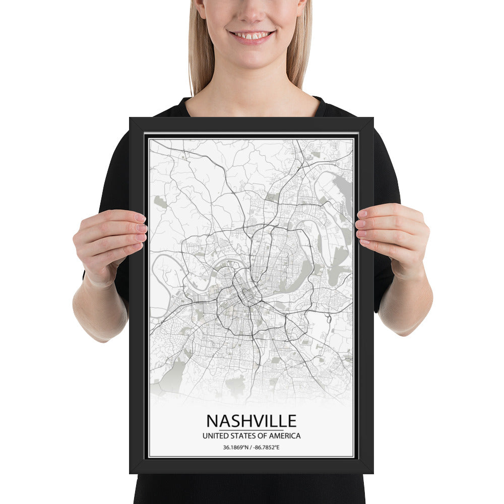 Nashville White Framed Map