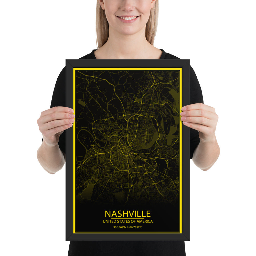 Nashville Black and Yellow Framed Map