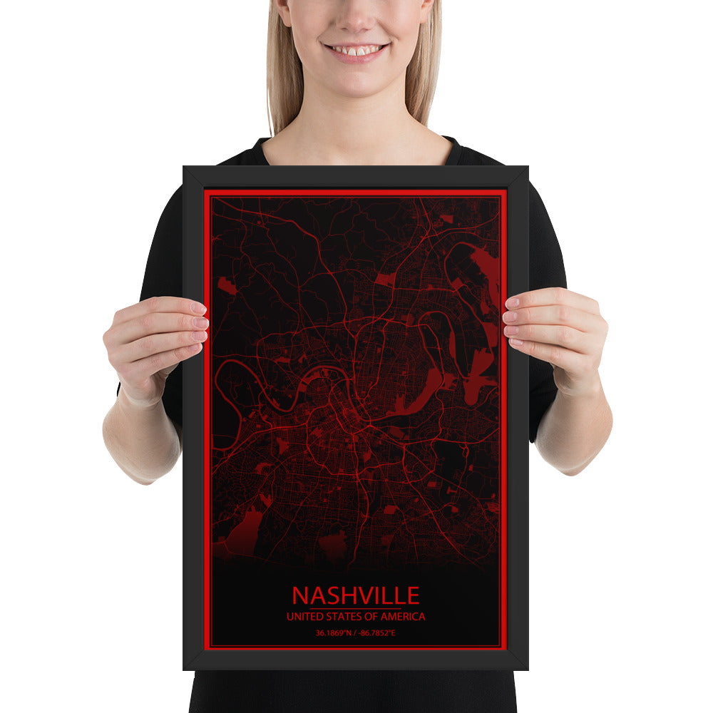 Nashville Black and Red Framed Map