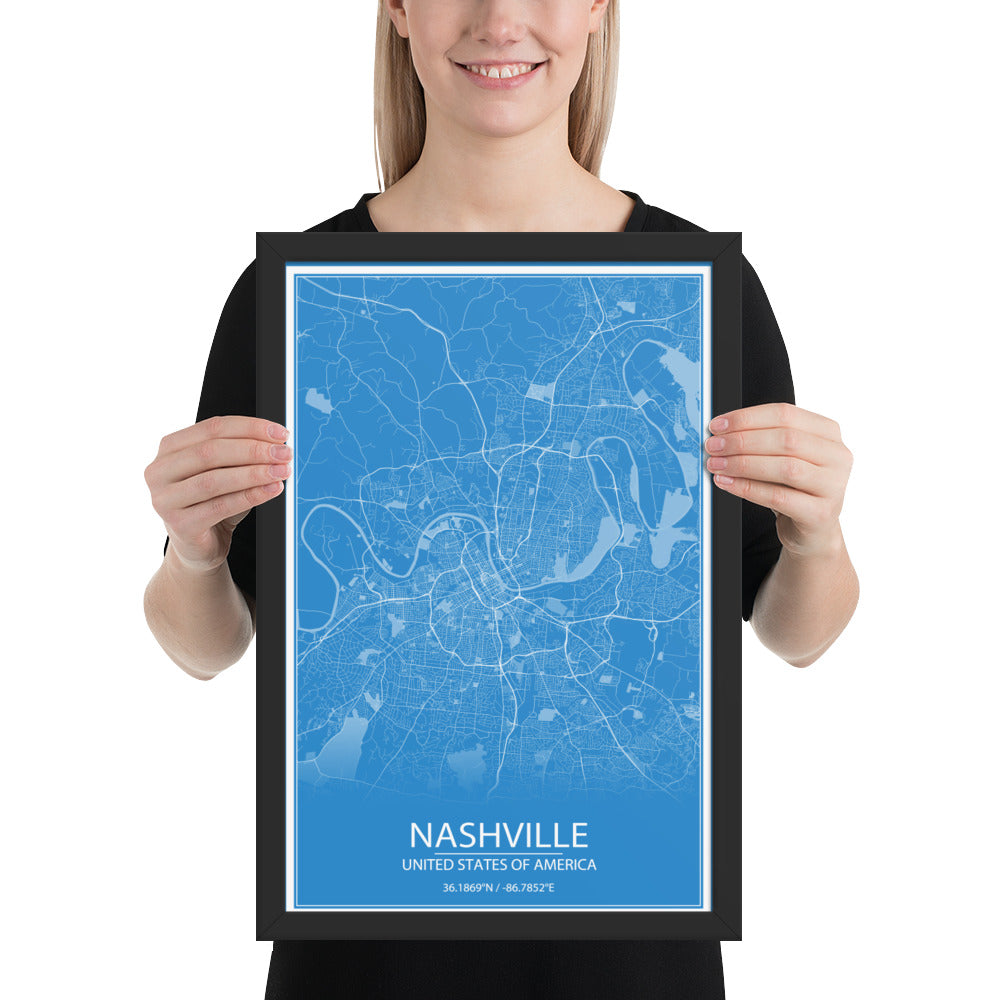 Nashville Blue and White Framed Map