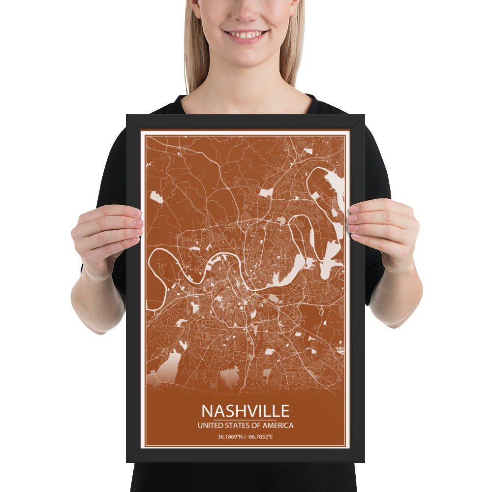 Nashville Brown and White Framed Map