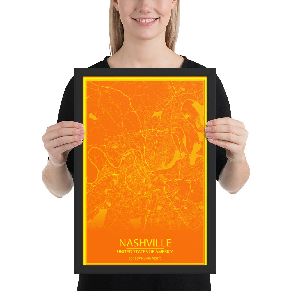 Nashville Orange and Yellow Framed Map