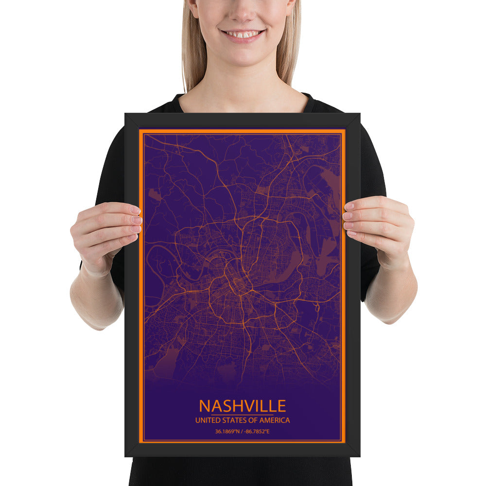 Nashville Purple and Orange Framed Map