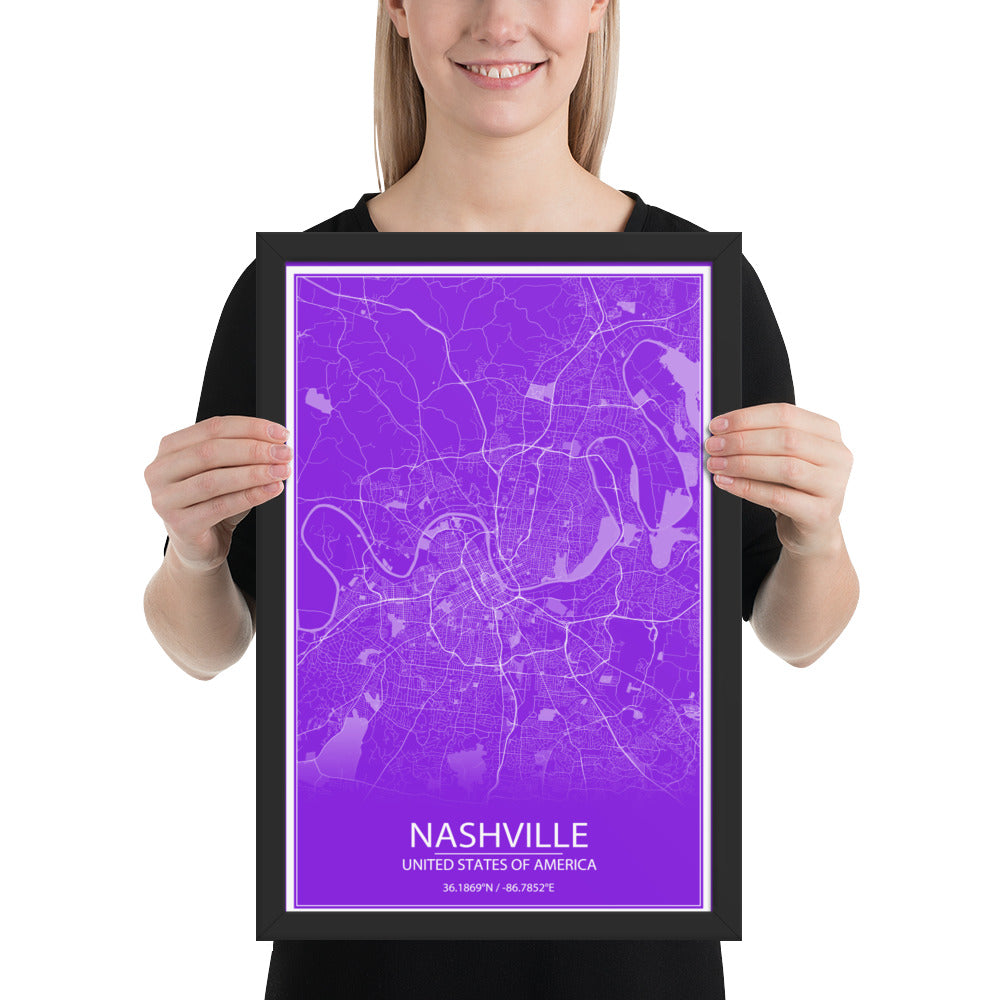 Nashville Purple and White Framed Map