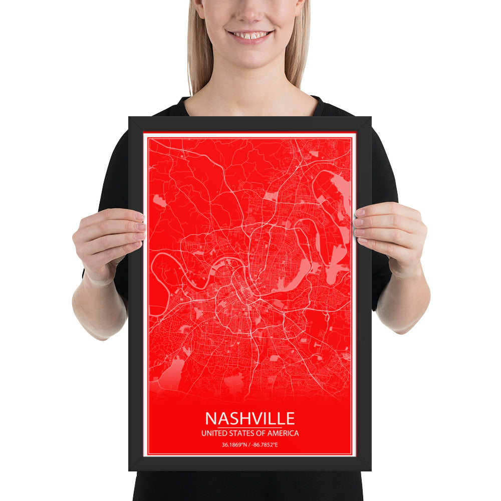 Nashville Red and White Framed Map