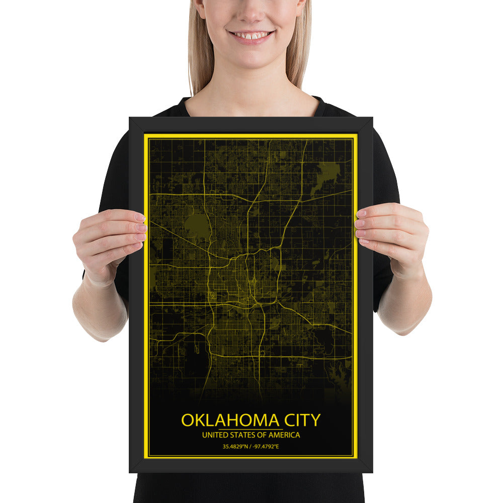 Oklahoma City Black and Yellow Framed Map