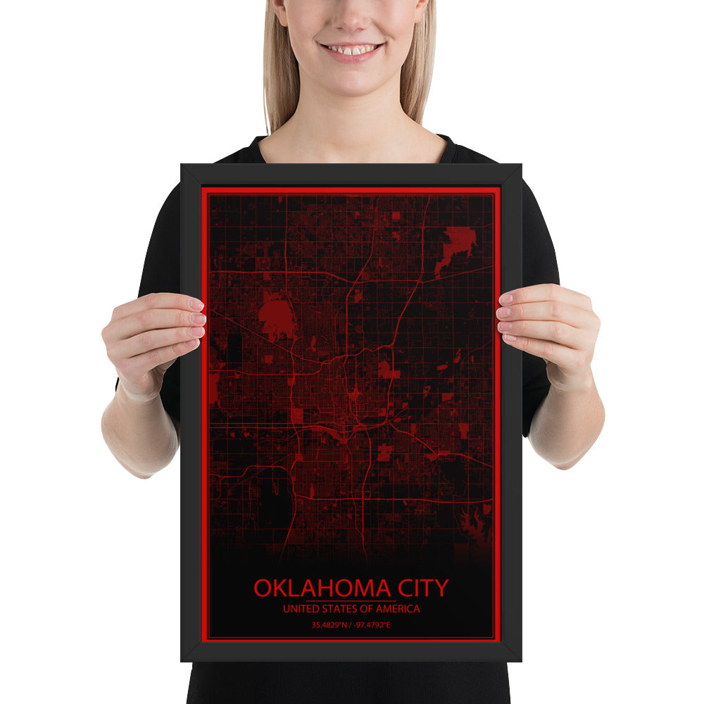 Oklahoma City Black and Red Framed Map