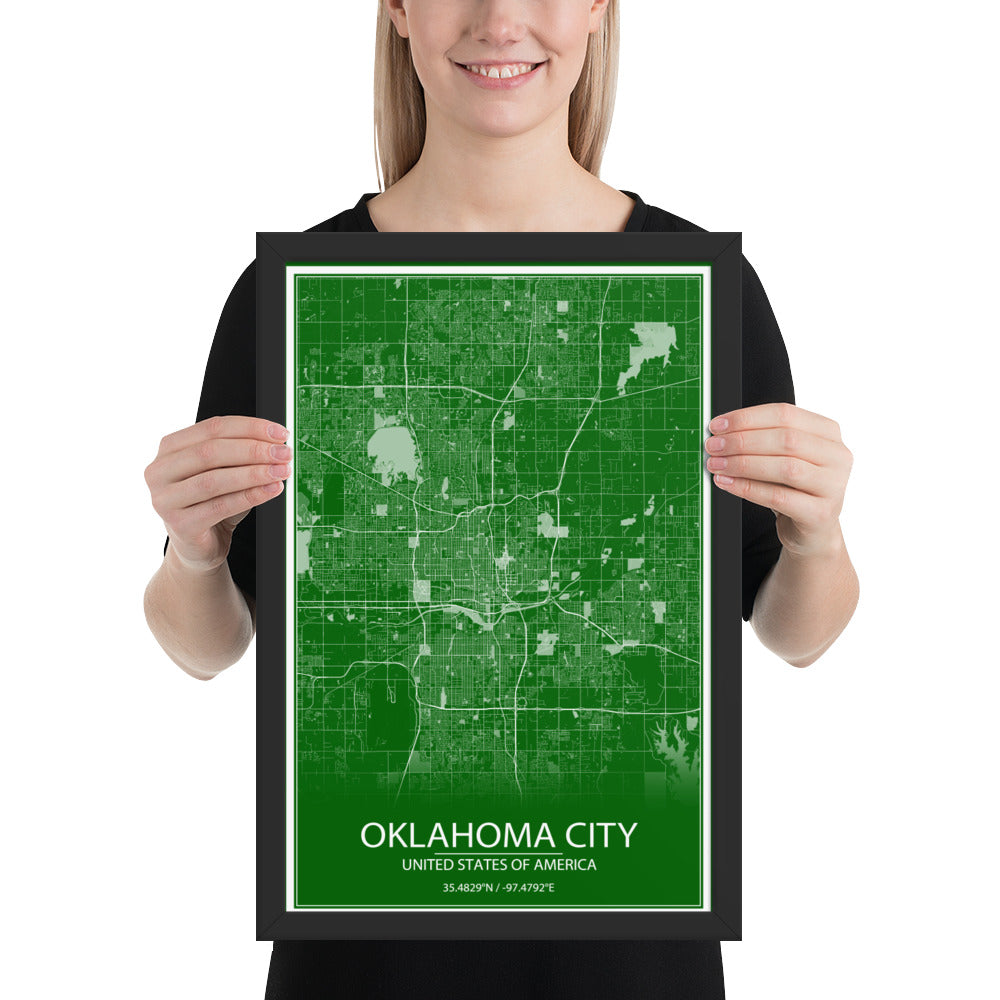 Oklahoma City Green and White Framed Map