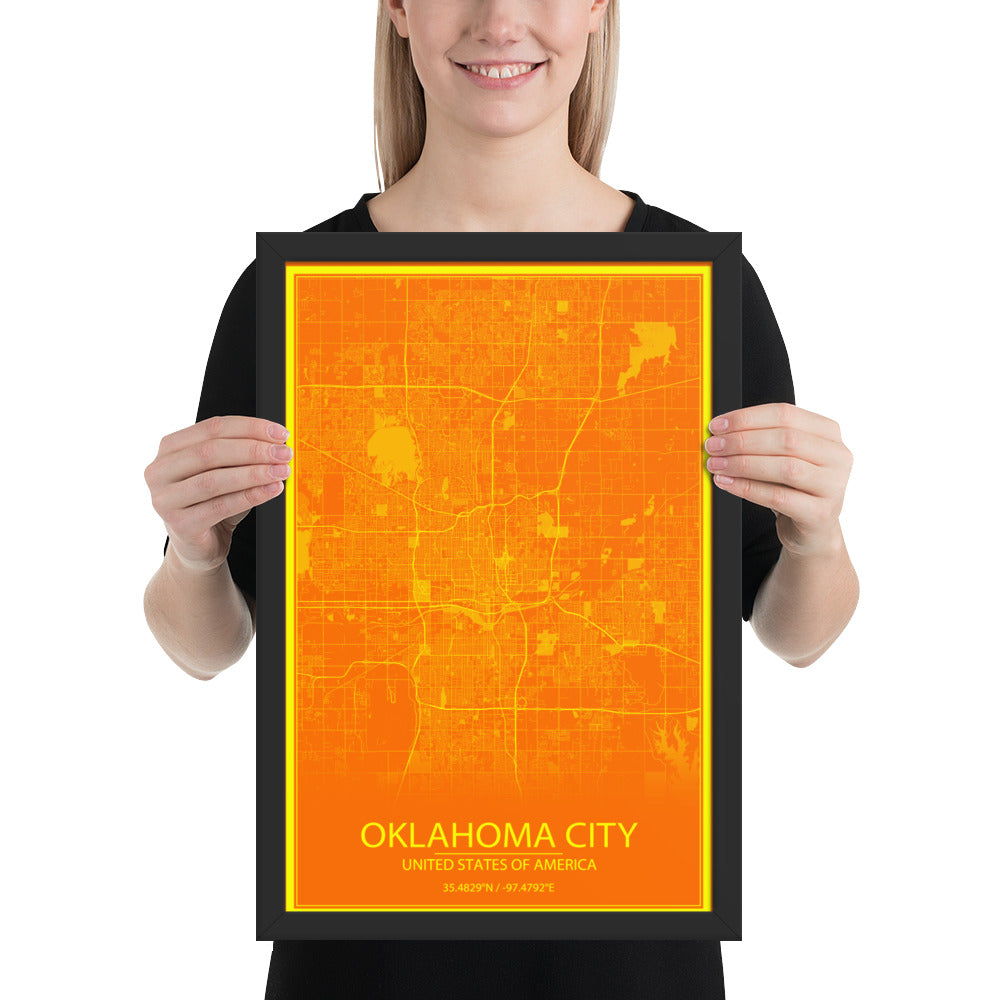 Oklahoma City Orange and Yellow Framed Map