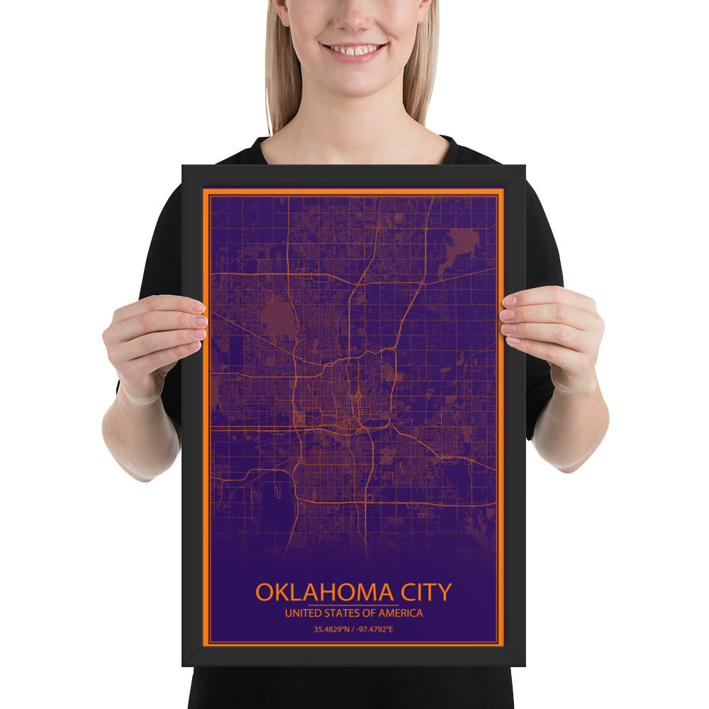 Oklahoma City Purple and Orange Framed Map