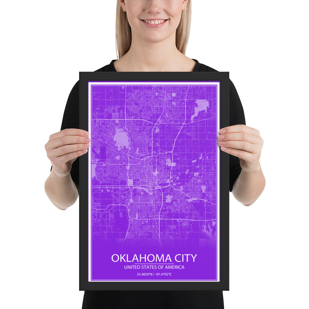 Oklahoma City Purple and White Framed Map