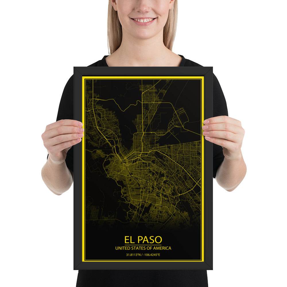 El Paso Black and Yellow Framed Map