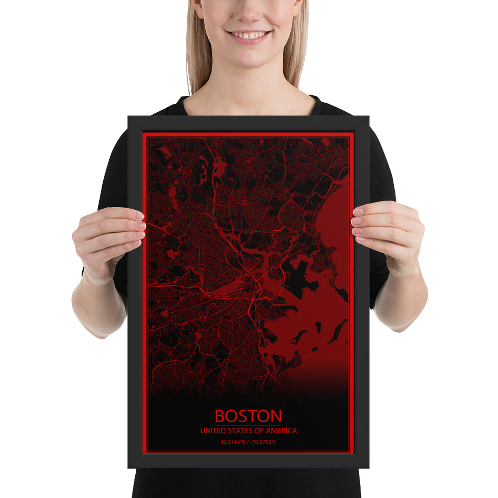 Boston Black and Red Framed Map