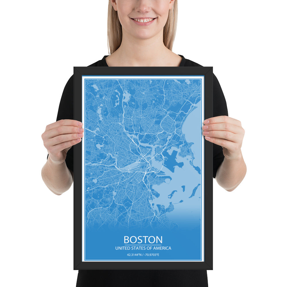 Boston Blue and White Framed Map