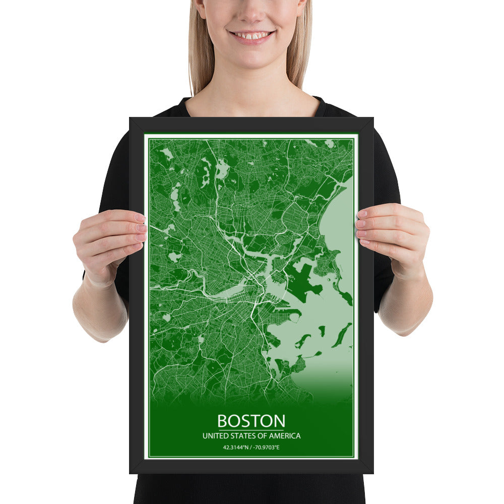 Boston Green and White Framed Map