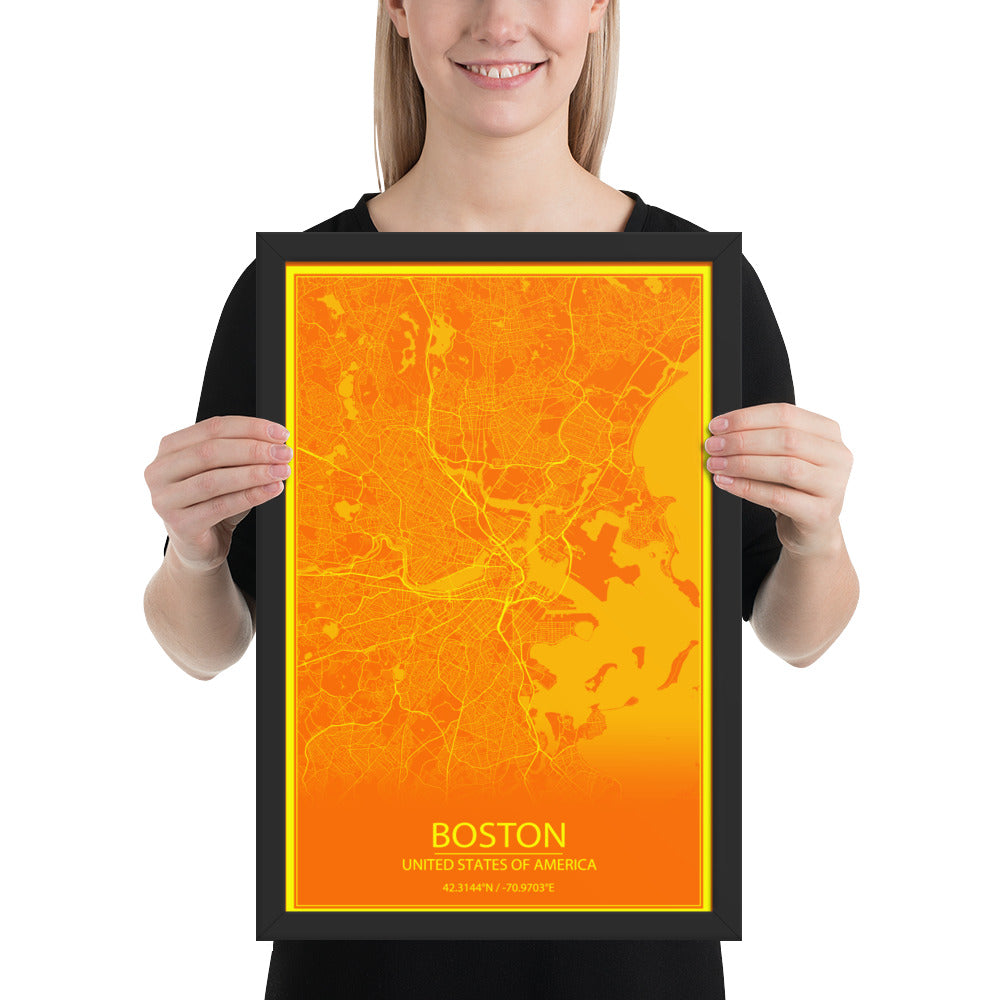 Boston Orange and Yellow Framed Map