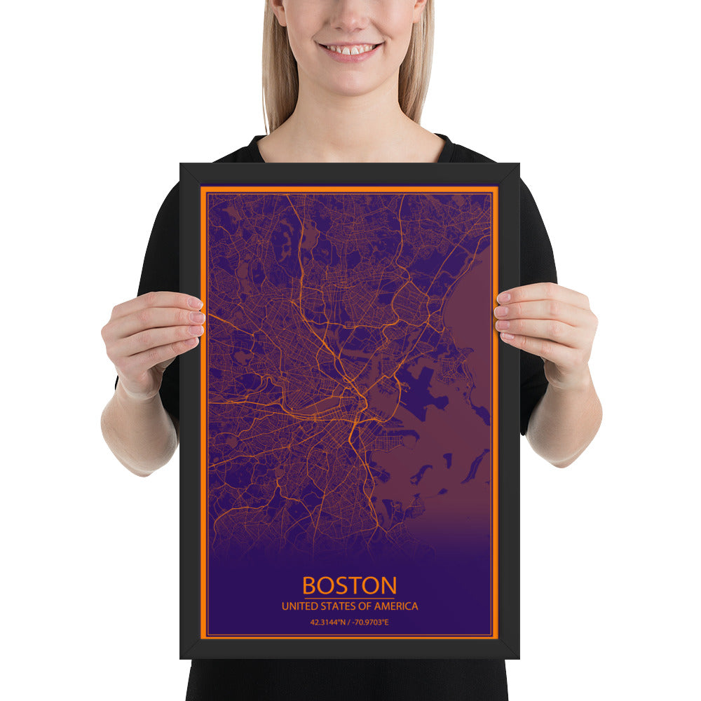 Boston Purple and Orange Framed Map