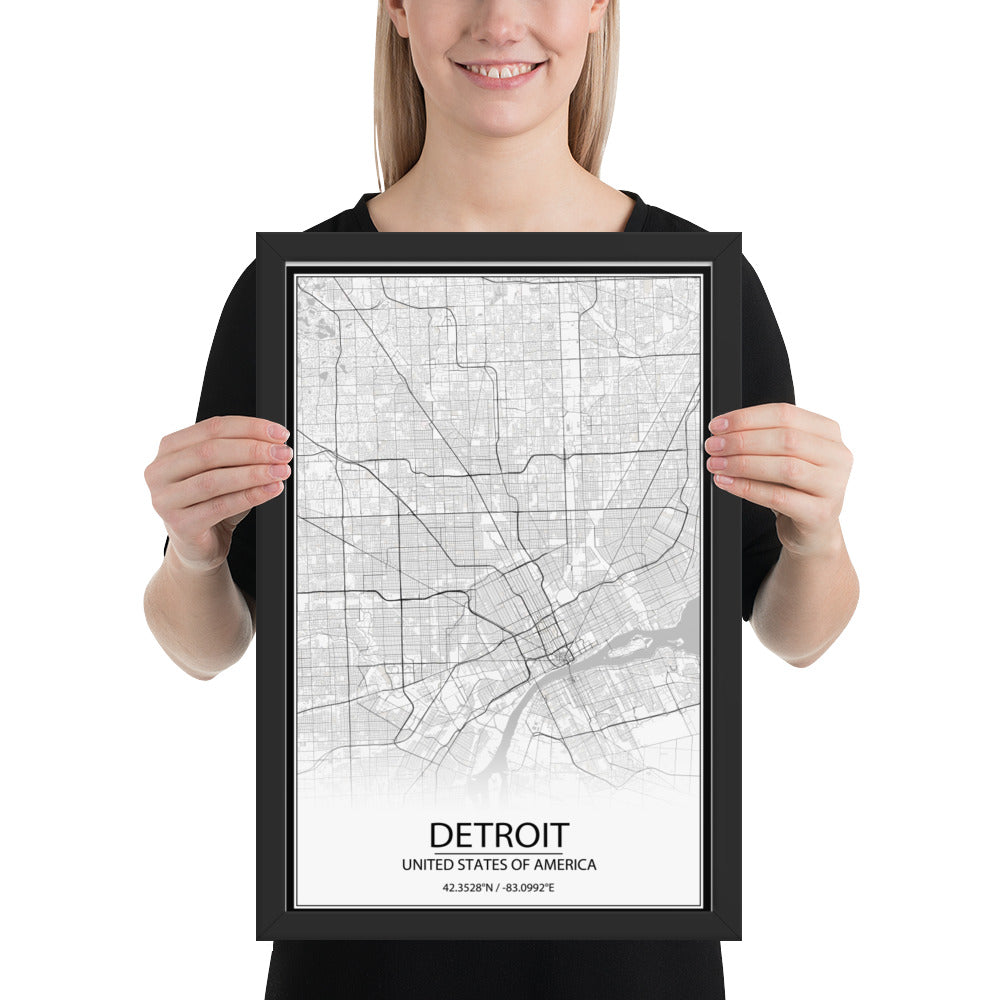 Detroit White Framed Map