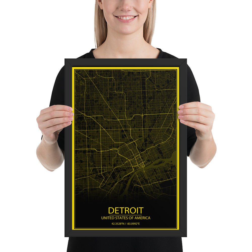 Detroit Black and Yellow Framed Map