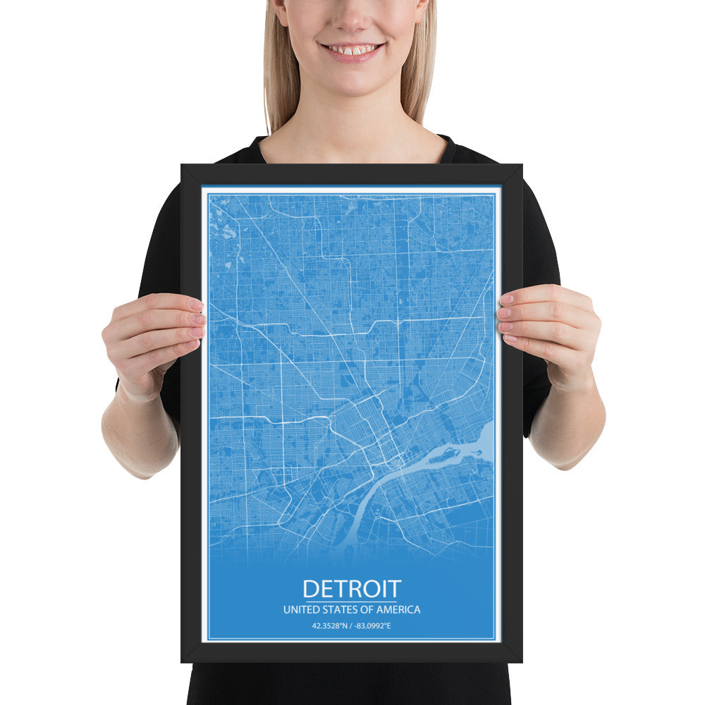 Detroit Blue and White Framed Map